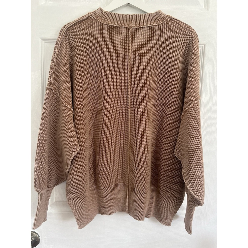 Aerie Ribbed Knit Sweater Balloon Sleeve CrewNeck Brown Cozy Casual Lounge Top M - Picture 3 of 10